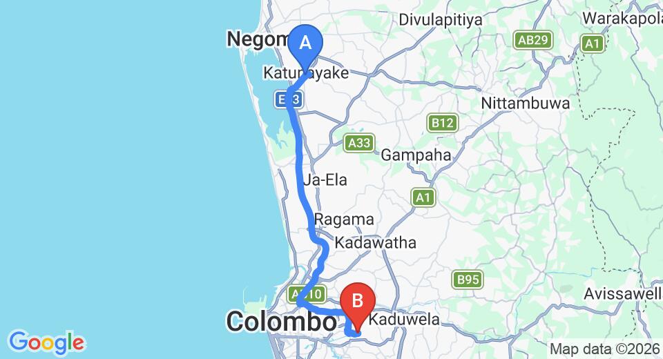 Driving route map: Colombo Airport (CMB) to Nensha Inn, Colombo (38 km, approx 51 min private transfer)