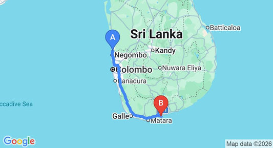 Driving route map: Waikkal to Tangalle (224 km, approx 3 h 19 min private transfer)