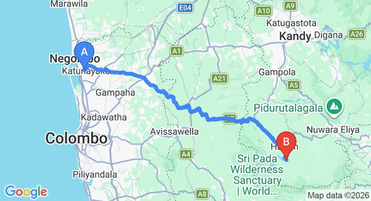 Driving route map: Colombo Airport (CMB) to Upper Glanciarn Bungalow, Hatton (123 km, approx 3 h 53 min private transfer)