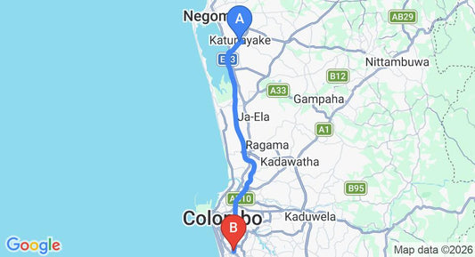 Driving route map: Colombo Airport (CMB) to Kirulapone (36 km, approx 50 min private transfer)