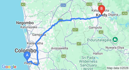 Driving route map: Ratmalana (RML) Airport to Kandy (139 km, approx 3 h 47 min private transfer)