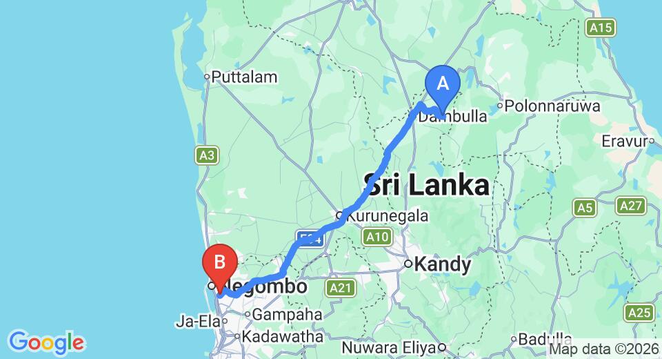 Driving route map: Boralesgamuwa to Colombo Airport (CMB) (150 km, approx 3 h 20 min private transfer)