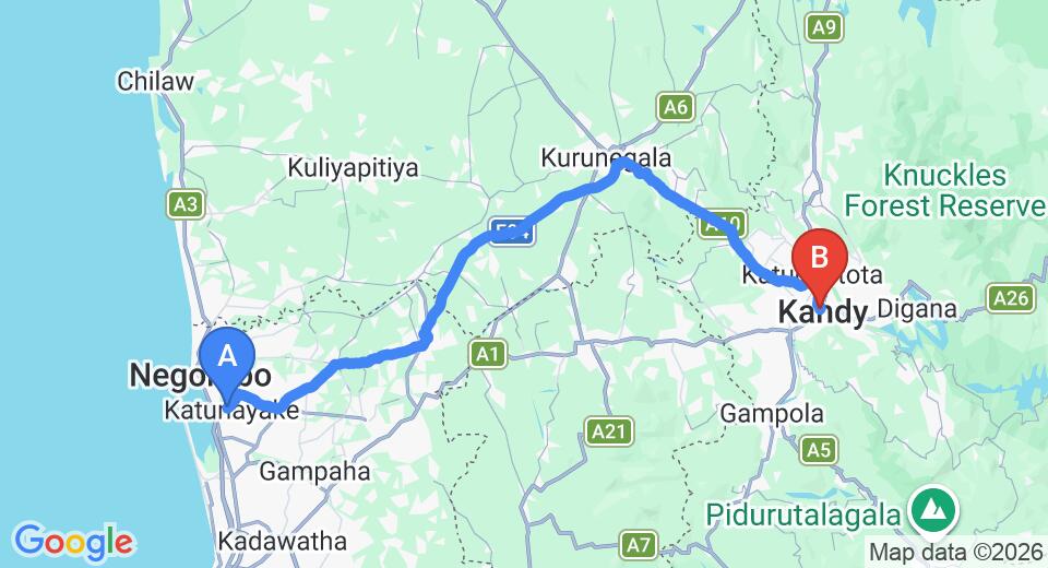 Driving route map: Colombo Airport (CMB) to Satyodaya Educational Training Centre, Kandy (113 km, approx 2 h 49 min private transfer)