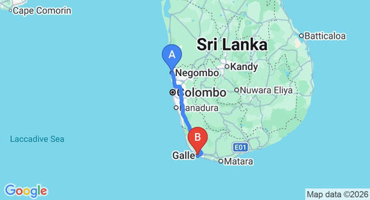 Driving route map: Negombo to Galle (155 km, approx 2 h 15 min private transfer)