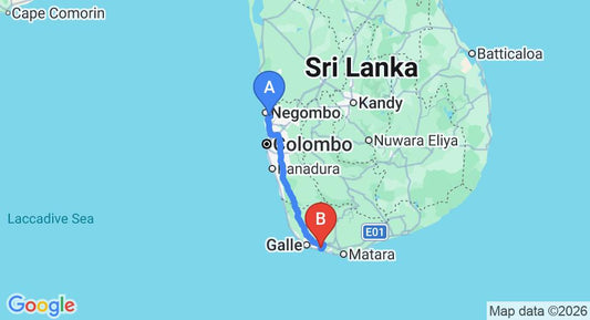 Driving route map: Colombo Airport (CMB) to Siyambala House, Koggala (164 km, approx 2 h 20 min private transfer)