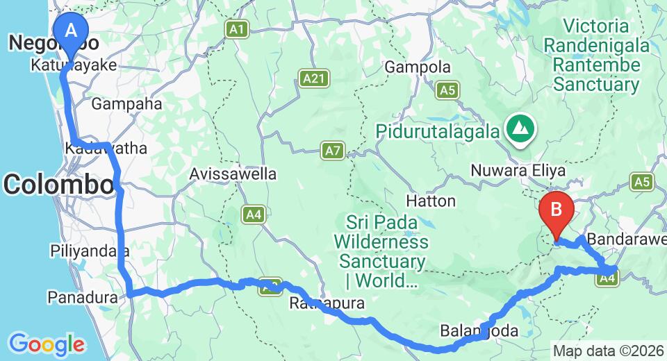 Driving route map: Colombo Airport (CMB) to Eagle's Nest, Ohiya (231 km, approx 5 h 50 min private transfer)
