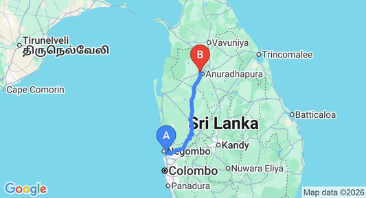 Driving route map: Colombo Airport (CMB) to Waters Edge Bungalow, Anuradhapura (173 km, approx 3 h 43 min private transfer)