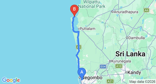 Driving route map: Colombo Airport (CMB) to WellÃ© Wadiya, Kalpitiya (140 km, approx 3 h 17 min private transfer)