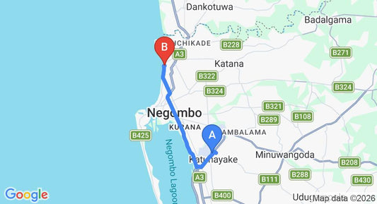 Driving route map: Colombo Airport (CMB) to Rani Holiday Village, Negombo (14 km, approx 33 min private transfer)