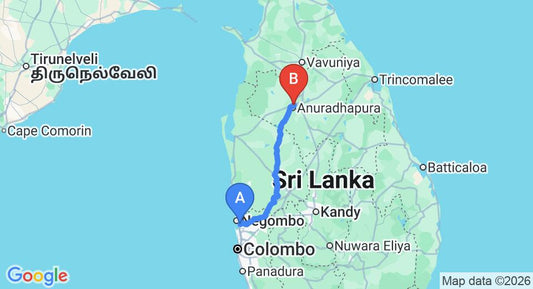Driving route map: Colombo Airport (CMB) to Lakeside at Nuwarawewa, Anuradhapura (176 km, approx 3 h 48 min private transfer)