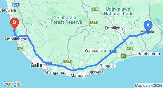 Driving route map: Mattala (HRI) Airport to Ahungalla (156 km, approx 2 h 13 min private transfer)
