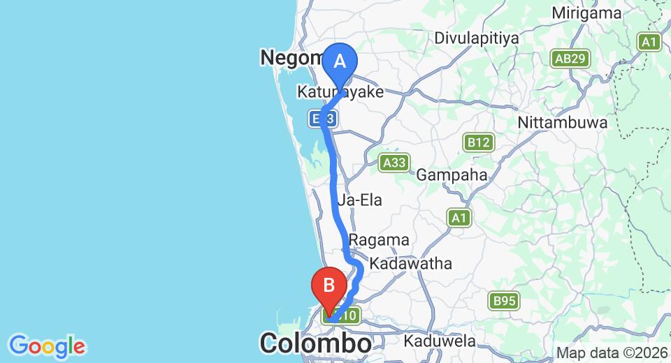 Driving route map: Colombo Airport (CMB) to Colombo 14 (29 km, approx 30 min private transfer)
