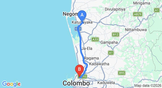 Driving route map: Colombo Airport (CMB) to Colombo 14 (29 km, approx 30 min private transfer)