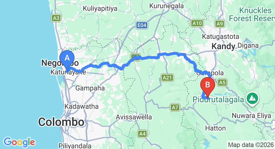 Driving route map: Colombo Airport (CMB) to The Tea Cottage, Kandy (125 km, approx 3 h 52 min private transfer)