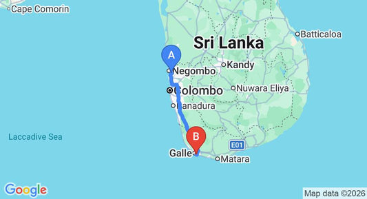 Driving route map: Colombo Airport (CMB) to Villa Thawthisa The Boutique Hotel, Unawatuna (154 km, approx 2 h 14 min private transfer)