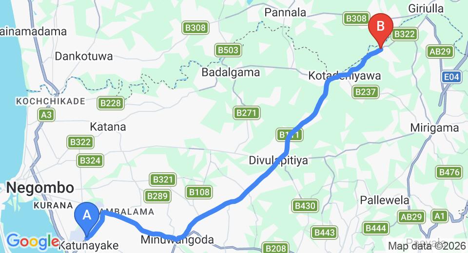 Driving route map: Colombo Airport (CMB) to Divuldeniya (32 km, approx 56 min private transfer)