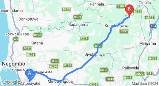 Driving route map: Colombo Airport (CMB) to Divuldeniya (32 km, approx 56 min private transfer)