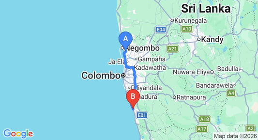 Driving route map: Colombo Airport (CMB) to Petter's Beach Inn, Kalutara (83 km, approx 1 h 30 min private transfer)