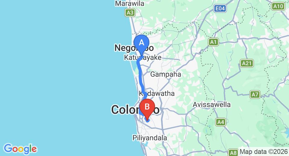 Driving route map: Colombo Airport (CMB) to Palm Nest, Colombo (40 km, approx 57 min private transfer)