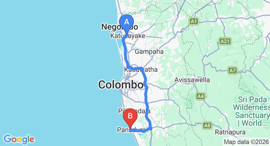 Driving route map: Colombo Airport (CMB) to Navro Beach Resort, Panadura (77 km, approx 1 h 26 min private transfer)