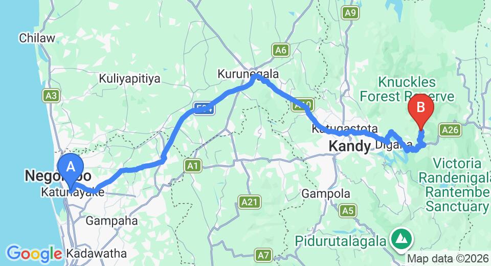 Driving route map: Colombo Airport (CMB) to Eden Falls Eco-Resort, Kandy (154 km, approx 4 h 9 min private transfer)