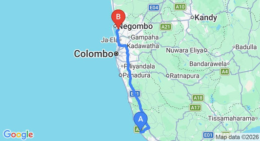 Driving route map: Hikkaduwa to Colombo Airport (CMB) (140 km, approx 1 h 58 min private transfer)
