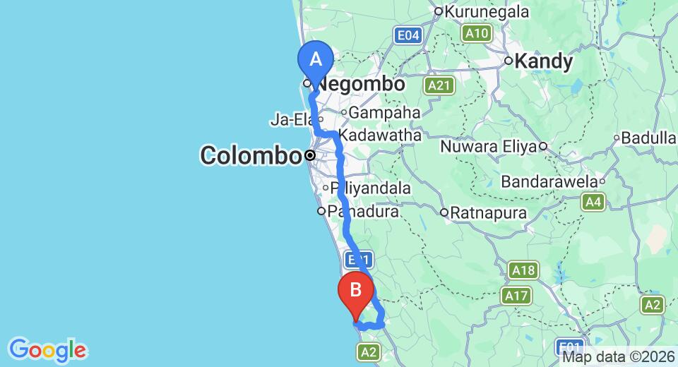 Driving route map: Colombo Airport (CMB) to Balapitiya (131 km, approx 2 h 0 min private transfer)