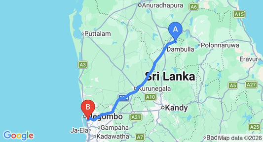 Driving route map: Sigiriya to Colombo Airport (CMB) (147 km, approx 3 h 13 min private transfer)