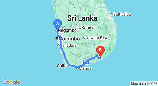 Driving route map: Colombo Airport (CMB) to Avonil Resort Yala, Tissamaharama (282 km, approx 3 h 49 min private transfer)