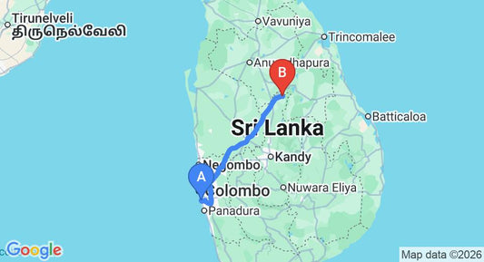 Driving route map: Ratmalana (RML) Airport to Sigiriya (192 km, approx 4 h 10 min private transfer)