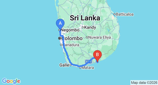 Driving route map: Colombo Airport (CMB) to Hambantota (269 km, approx 3 h 27 min private transfer)