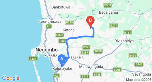Driving route map: Colombo Airport (CMB) to Anthiekka Airport white Villa, Gampaha (17 km, approx 32 min private transfer)