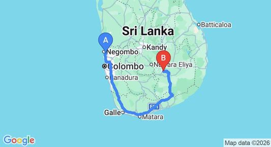 Driving route map: Colombo Airport (CMB) to Villa Perpetua, Bandarawela (341 km, approx 5 h 16 min private transfer)