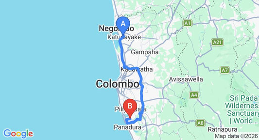 Driving route map: Colombo Airport (CMB) to Villa 14 Bolgoda, Panadura (74 km, approx 1 h 51 min private transfer)