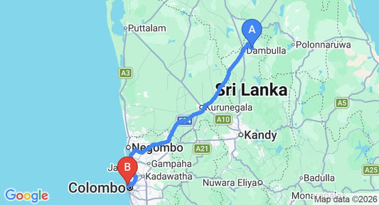 Driving route map: Kandalama to Colombo Seaport (174 km, approx 3 h 40 min private transfer)