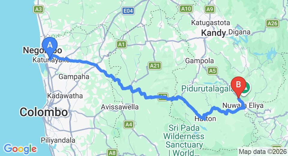 Driving route map: Colombo Airport (CMB) to Misty Hills, Nuwara Eliya (158 km, approx 4 h 54 min private transfer)