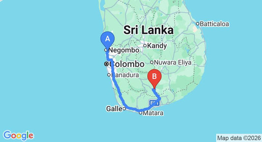 Driving route map: Colombo Airport (CMB) to Wild Life Holiday Bungalow, Udawalawe (260 km, approx 3 h 39 min private transfer)