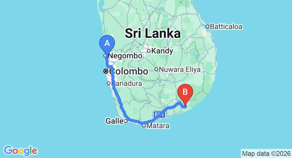 Driving route map: Colombo Airport (CMB) to Blue Turtle Hotel, Tissamaharama (280 km, approx 3 h 46 min private transfer)
