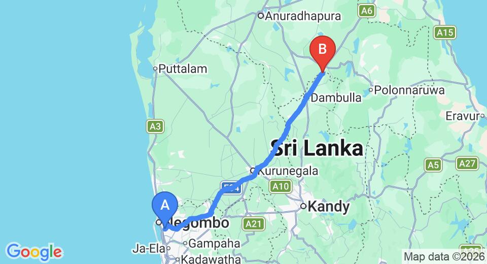 Driving route map: Colombo Airport (CMB) to Sat Nam Village, Sigiriya (147 km, approx 3 h 9 min private transfer)