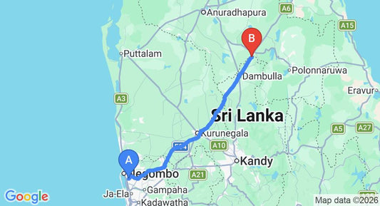 Driving route map: Colombo Airport (CMB) to Sat Nam Village, Sigiriya (147 km, approx 3 h 9 min private transfer)
