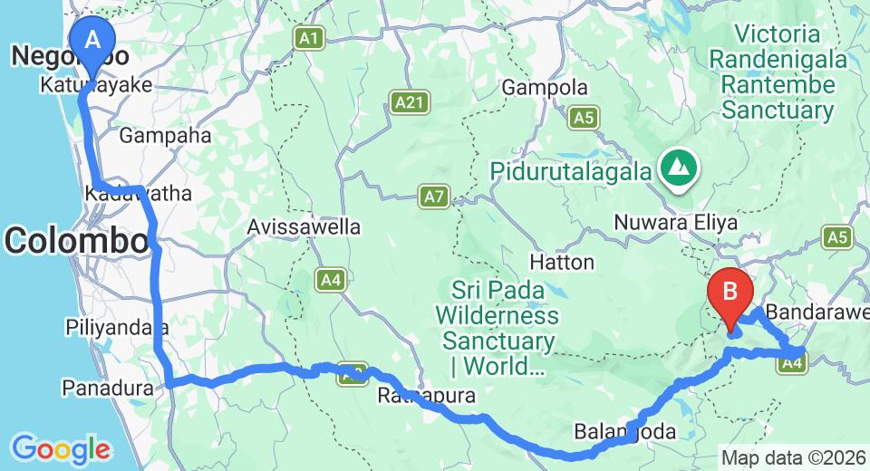 Driving route map: Colombo Airport (CMB) to Acacia Inn, Ohiya (238 km, approx 6 h 10 min private transfer)