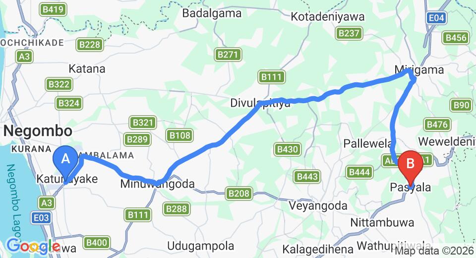 Driving route map: Colombo Airport (CMB) to Pasyala (42 km, approx 1 h 13 min private transfer)