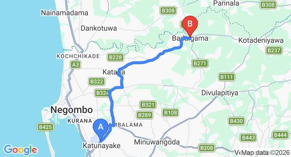 Driving route map: Colombo Airport (CMB) to Badalgama (22 km, approx 40 min private transfer)