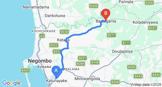 Driving route map: Colombo Airport (CMB) to Badalgama (22 km, approx 40 min private transfer)