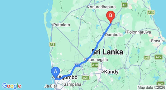 Driving route map: Colombo Airport (CMB) to Le Grand Meaulnes Family Hotel, Habarana (152 km, approx 3 h 15 min private transfer)