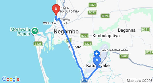 Driving route map: Colombo Airport (CMB) to Araliya Blue Beach View Hotel, Negombo (12 km, approx 29 min private transfer)