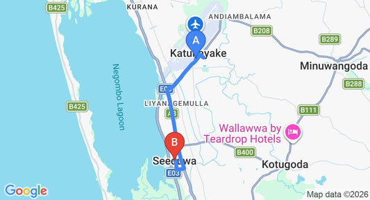 Driving route map: Colombo Airport (CMB) to Seeduwa (8 km, approx 19 min private transfer)