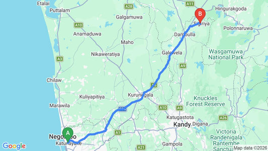Route map: Colombo Airport (CMB) to Royal Rock Sigiriya, Sigiriya (146 km)
