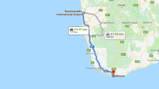 Transfer between Colombo Airport (CMB) and Shaka Sign Surf, Mirissa